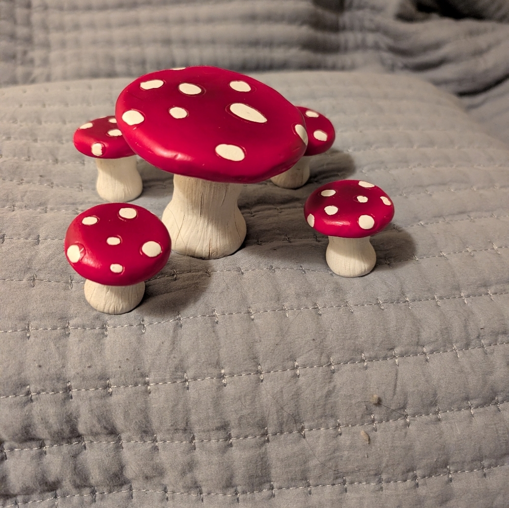 Wooden Mushroom Play Set - Red and White. Table  is 3" Stools are 1.5" tall